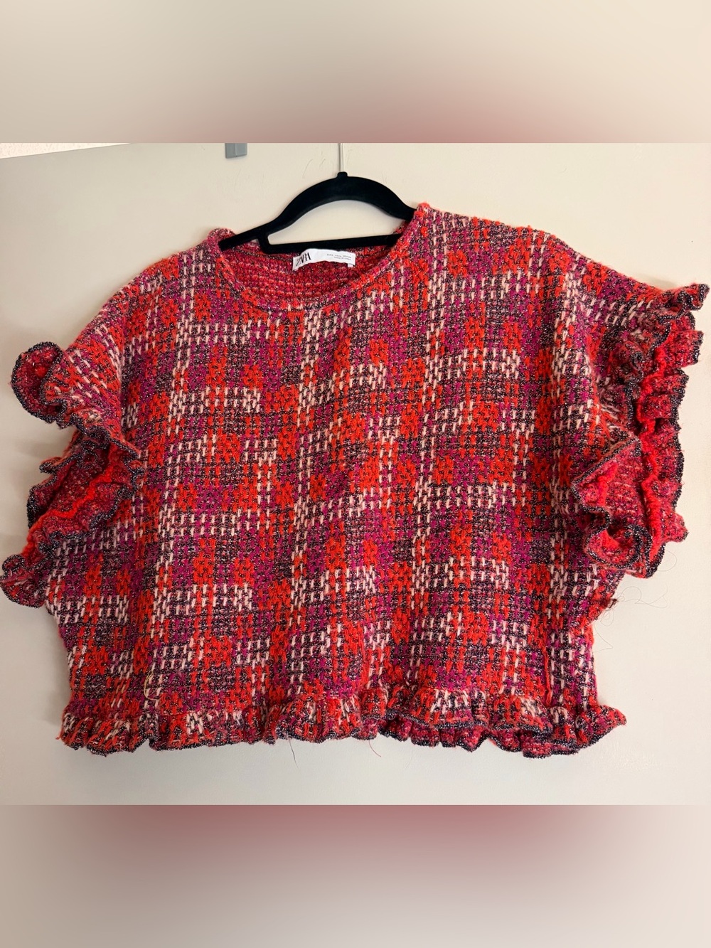 Zara Pink & Red Tweed Cropped Crew Sweater
